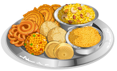 Savoury and Sweet Deepavali Snacks Silver Thali with Fersan, Chivda, Chakli, Imarti, Rava and Boondi Ladoo & Peda - Festive Indian Food Illustration