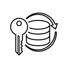 Data Security: Conceptual depiction of data security, a key safeguarding a data stack, with circular arrows representing protection.