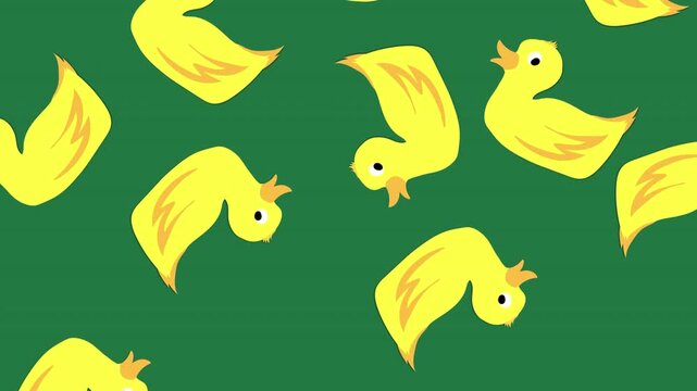 Animation of duck icons in seamless patterns and light trails against green background