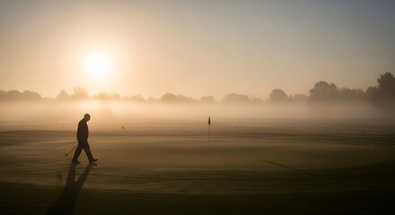 Fototapeta premium Morning Silhouette: A lone golfer strides across a mist-shrouded golf course at dawn, the rising sun casting a warm glow and long shadows across the dewy green, evoking a sense of peace and solitude.