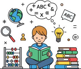 Boy reads with math & globe icons. Education and learning concept. School, teaching, knowledge, student, studying, book, math, science, idea, globe