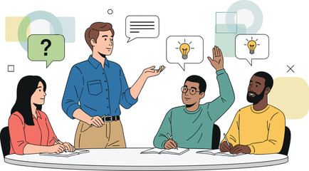 People brainstorm ideas in team meeting. Collaboration, education, discussion, training, lecture, innovation.