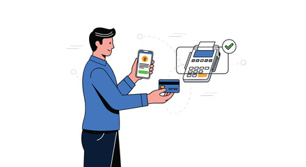 Man pays with phone and card at terminal. Contactless payment, mobile banking, financial technology, ecommerce, digital wallet, online transaction, point of sale, retail