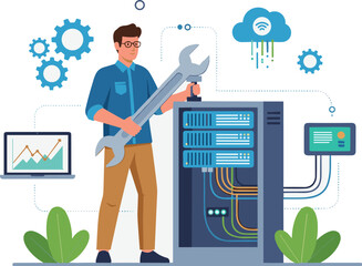 Man repairs server with wrench, data monitoring. IT support, system admin, maintenance, networking, database, cloud computing, information technology, software, cybersecurity