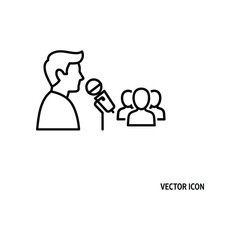 Public Speaker's Address: Simple line art portrays a speaker addressing an audience, conveying ideas, and sharing information. A visual representation of communication and dialogue.