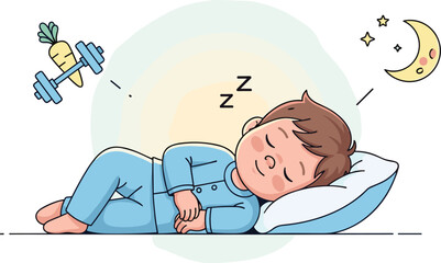 Boy sleeping, dreaming of healthy habits. Dream of exercise and good sleep. Health, wellness, rest, kids, lifestyle, cartoon, cute, sweet, health