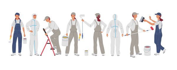 Different stages of a painting project with workers preparing and applying paint