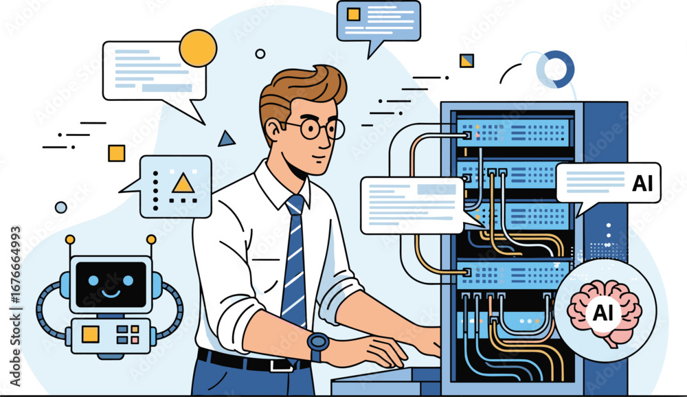 Wall mural man uses ai on server, connected to robot. artificial intelligence, machine learning, automation, te