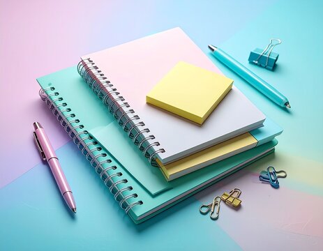 Colorful office supplies neatly arranged on pastel background