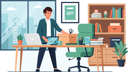 Man packs office desk into box for relocation. Career change, new job, moving, office, business, relocation, career, leaving, workspace.