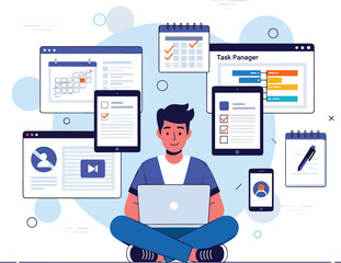 Man works on laptop surrounded by devices and task manager interfaces. Task management, multitasking, productivity, efficiency, organization, schedule, deadline.