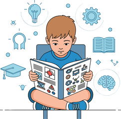 Boy reading book with educational illustrations. Learning, knowledge, creativity, education, studying, child, student, success, smart, development, wisdom.
