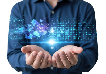 Person holding futuristic digital data isolated on transparent background