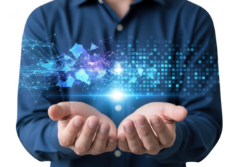 Person holding futuristic digital data isolated on transparent background