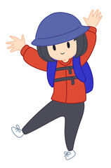 登山の装備でジャンプする女性