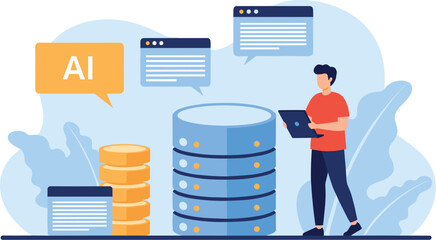 AI expert works on laptop with database, technology background. Artificial intelligence, computing, data, management, learning, automation, storage, server, network.