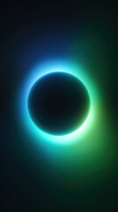 dark circular void is surrounded by a vibrant neon halo of blue, green, and cyan light, evoking a futuristic or cosmic visual in a minimalist digital art style
