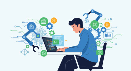 Man works on AI laptop, surrounded by tech symbols. Programming, artificial intelligence, coding, developer, robotics, digital, innovation, technology, engineering.