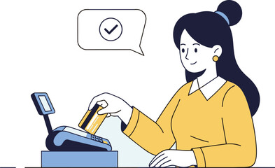 Woman inserts credit card into POS terminal. Making online payment with electronic transaction. Contactless payment, point of sale, retail, checkout, shopping.