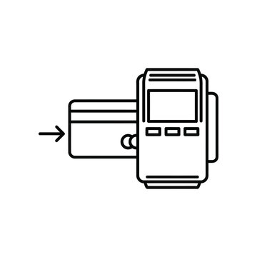 recommend clip art: Simplified Transaction: A sleek line art illustration showcases a debit or credit card being swiped through a payment terminal, representing modern commerce and ease of financial transactions.