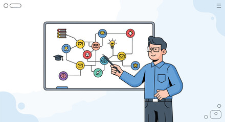 Cartoon man presents mind map on whiteboard. Education, learning, teaching, brainstorming, diagram, strategy, planning, process, connection, knowledge, idea.