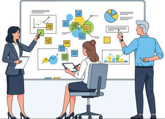 Fototapeta premium Team works on presentation with charts and notes. Business strategy, office meeting, collaboration, analysis