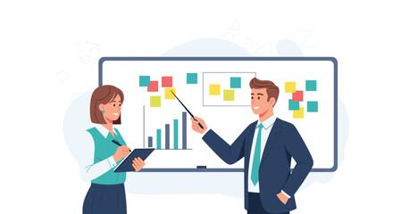 Fototapeta premium Man presents business data to colleague with board. Strategy planning, teamwork, collaboration, meeting, analysis, presentation, corporate