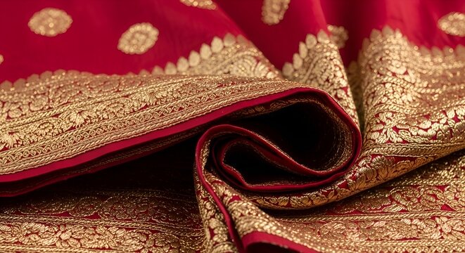 Close-up of an Ornate Red Sari with Golden Brocade