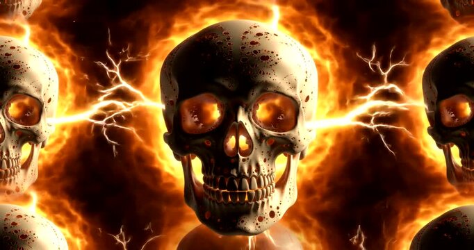 A terrifying skull with glowing orange eyes and crackling lightning emanating from its sockets, set against a fiery background.
