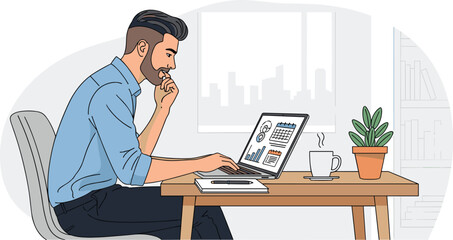 Naklejka premium Man works on laptop at desk in home office. Remote worker, entrepreneur, home office, digital nomad, small business, online job, startup, telecommuting.