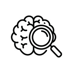 Brain examination: A symbolic representation of intellectual exploration is depicted, a detailed brain icon is magnified with a magnifying glass.
