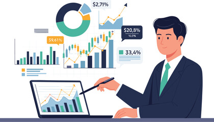 Fototapeta premium Analyst presents data on laptop. Data analysis, stock market, investment, business growth, financial report, business plan, finance, presentation, analysis.
