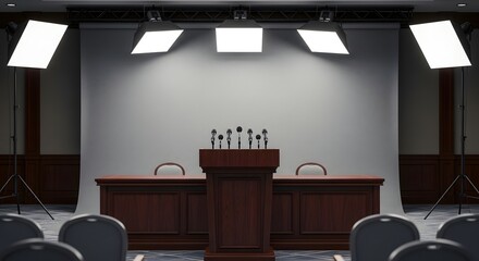 Empty Conference: A polished conference setup is ready for a gathering or event, complete with microphones and a podium under powerful lighting