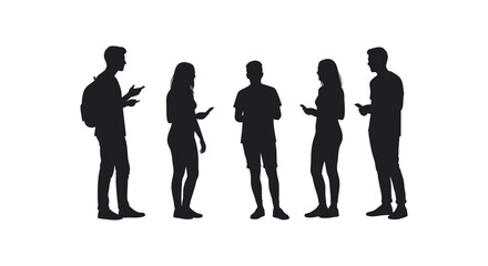 Silhouettes of five people standing in a line talking to each other casually