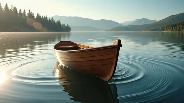 Wooden rowboat gently drifting on a serene lake surrounded by majestic mountains and lush forest in the early morning mist