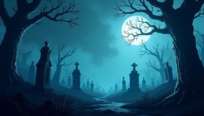 Walking Through a Cemetery Under the Moonlight with Spooky Atmosphere