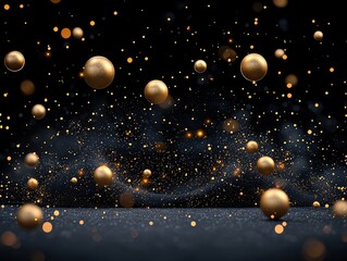 Fototapeta premium Golden spheres, dark background, glittering