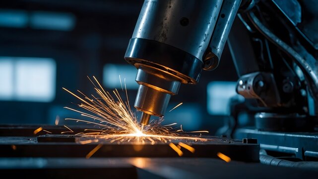 Robot industrial soldando metal con chispas en f&aacute;brica de automatizaci&oacute;n avanzada
