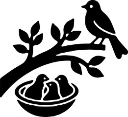 Mother Bird with Nest and Chicks – Silhouette Illustration