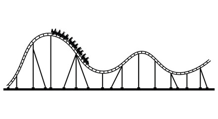 a black and white illustration of a roller coaster with cars on the track