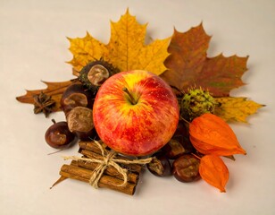 Autumnal apple and leaves