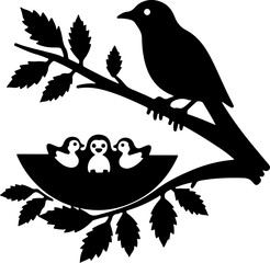 Mother Bird with Nest and Chicks – Silhouette Illustration