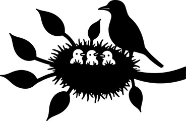 Mother Bird with Nest and Chicks – Silhouette Illustration
