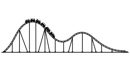 A black and white illustration of a roller coaster with people on it