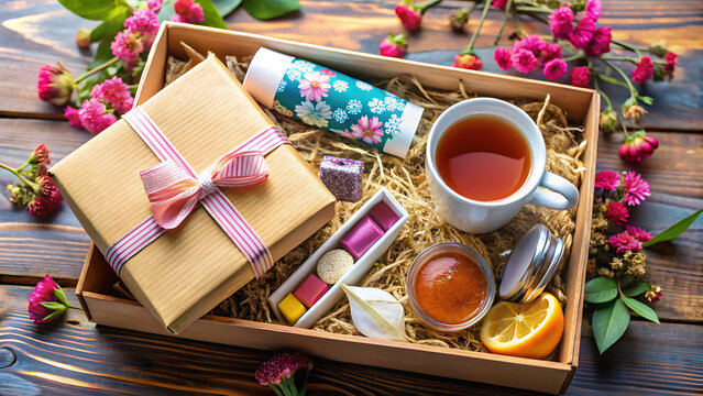 gift box filled with affirmation cards tea and lip balm