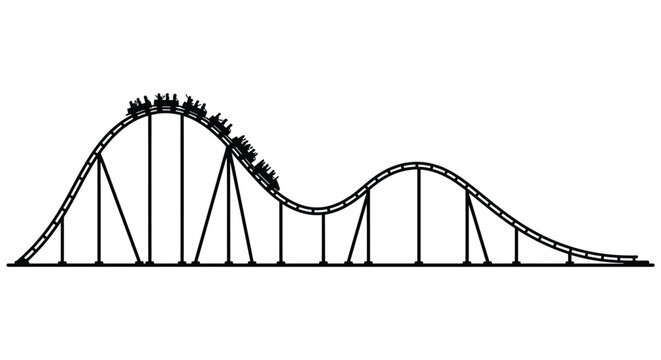 A black and white illustration of a roller coaster with people on it