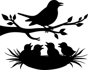 Mother Bird with Nest and Chicks – Silhouette Illustration