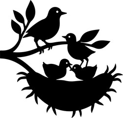 Mother Bird with Nest and Chicks – Silhouette Illustration