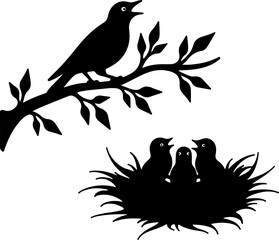 Mother Bird with Nest and Chicks – Silhouette Illustration