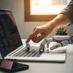 A human hand interacting with a robotic arm at a laptop
